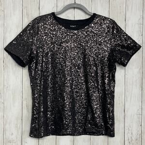 DKNY Black Sequin Short Sleeve Crew Neck Sparkle Cotton Boxy T-Shirt Large
